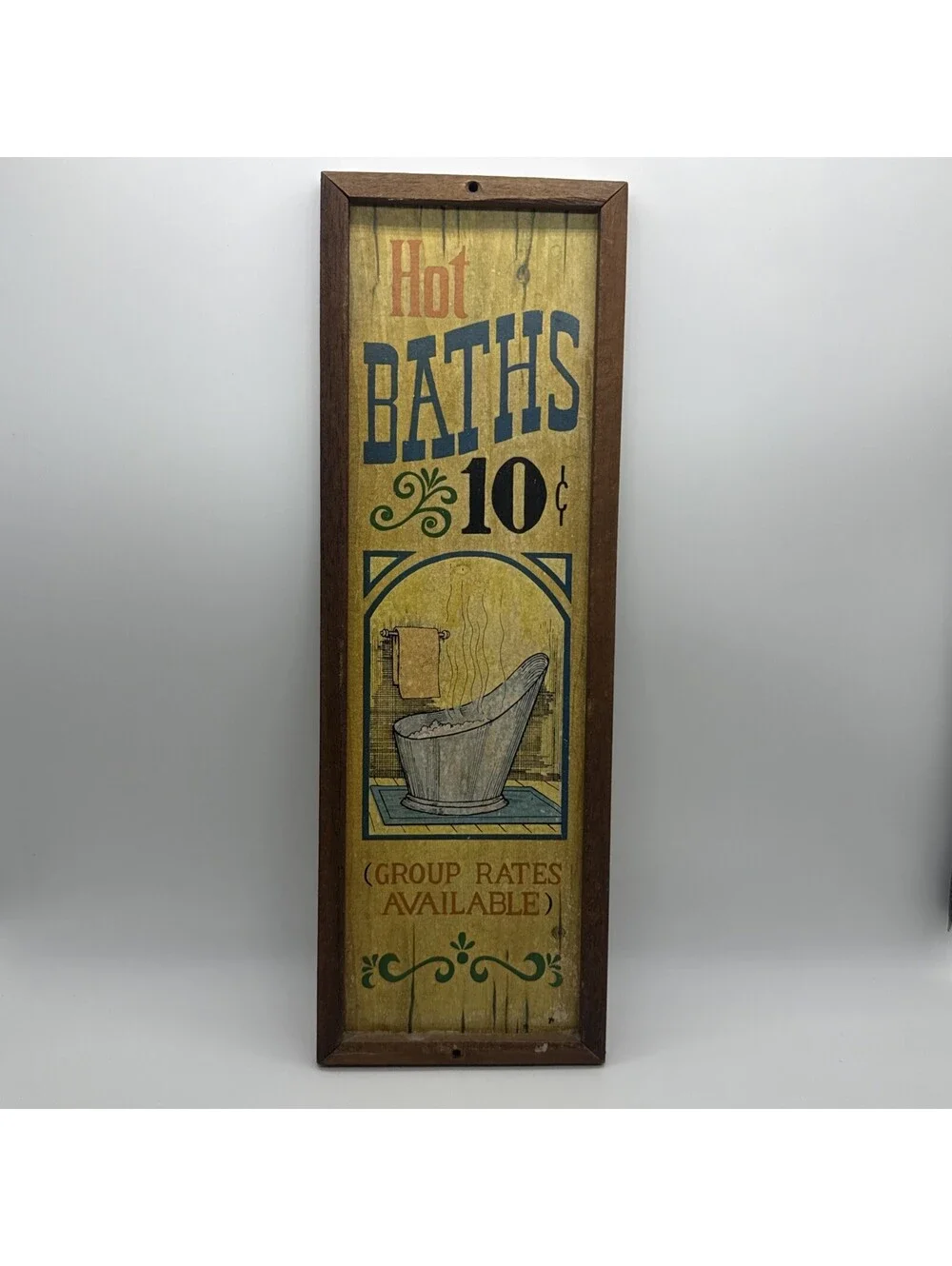 Vintage 1973 Wallace Berrie Hot Baths 10 Cent Wood Wall Plaque Sign 70s